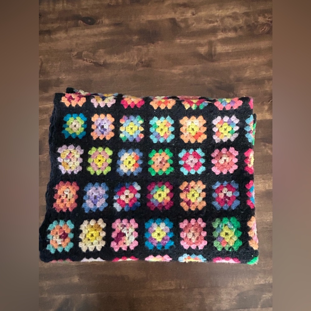Vtg Granny Square Afghan Throw Blanket Black Pink Purple Green Yellow Blue